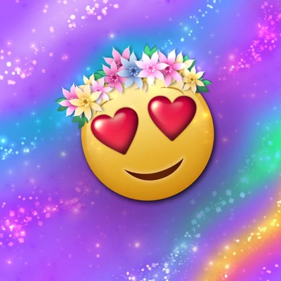 Freudige Liebe Emoji umgeben von bunten Blumen