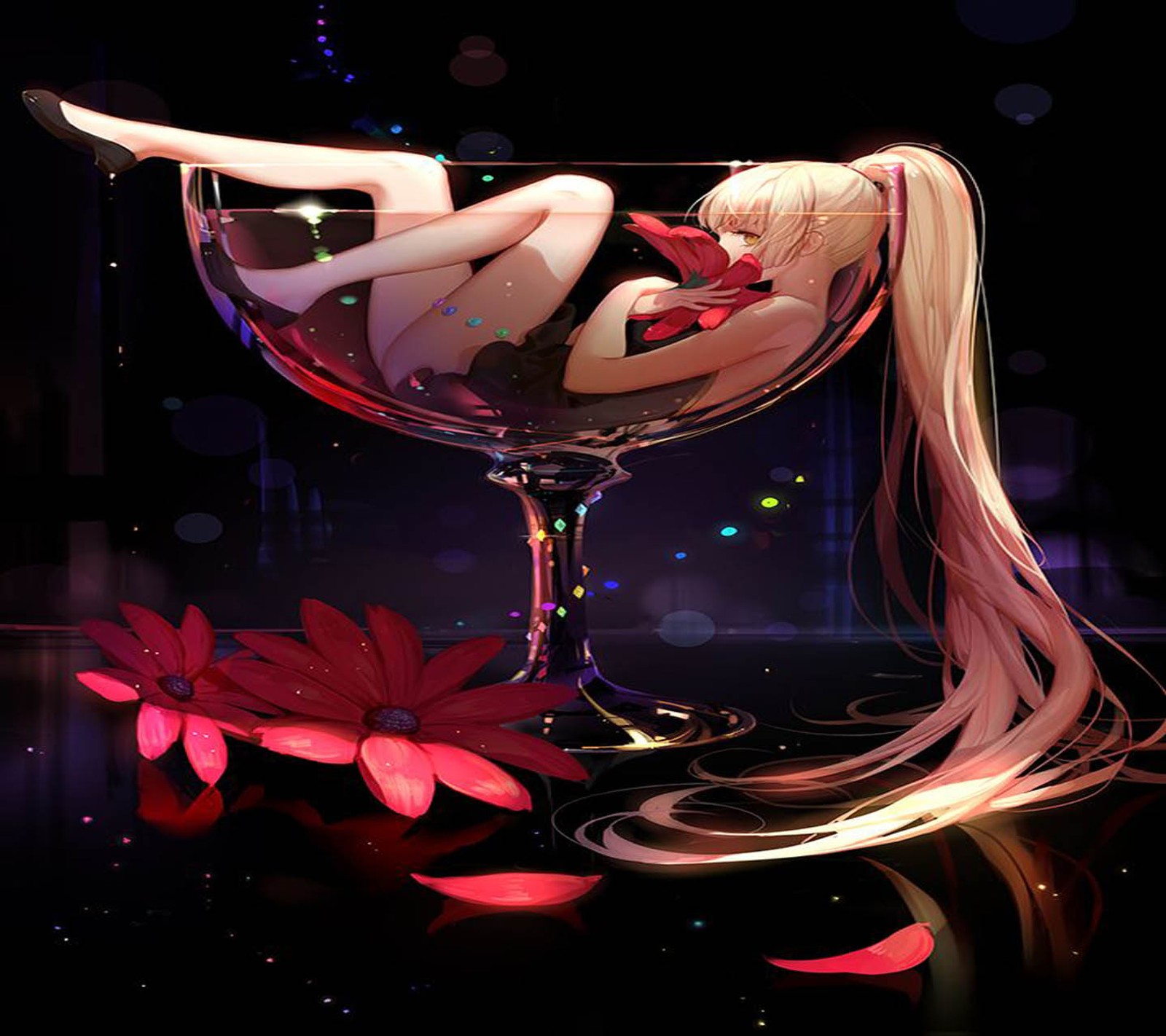 Menina de anime em uma taça de vinho com flores e pétalas (anime, flor, menina, vidro, martini)