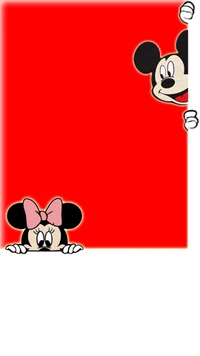 Mickey y Minnie Mouse asomándose sobre un fondo rojo vibrante