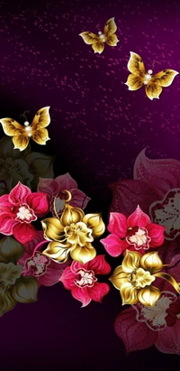 Golden Butterflies Amidst Vibrant Floral Elegance