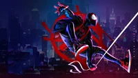 Miles Morales en tant que Spider-Man dans un skyline urbain, incarnant l'énergie vibrante de "Spider-Man: New Generation".