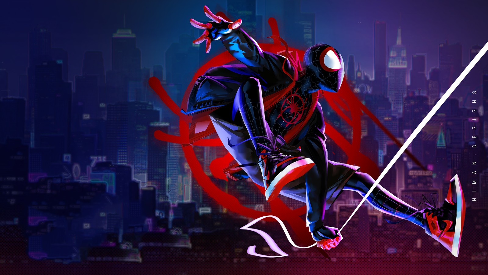 Un homme en costume de spider saute au-dessus d'une ville (miles morales, spider man new generation, spider man into the spider verse, film)