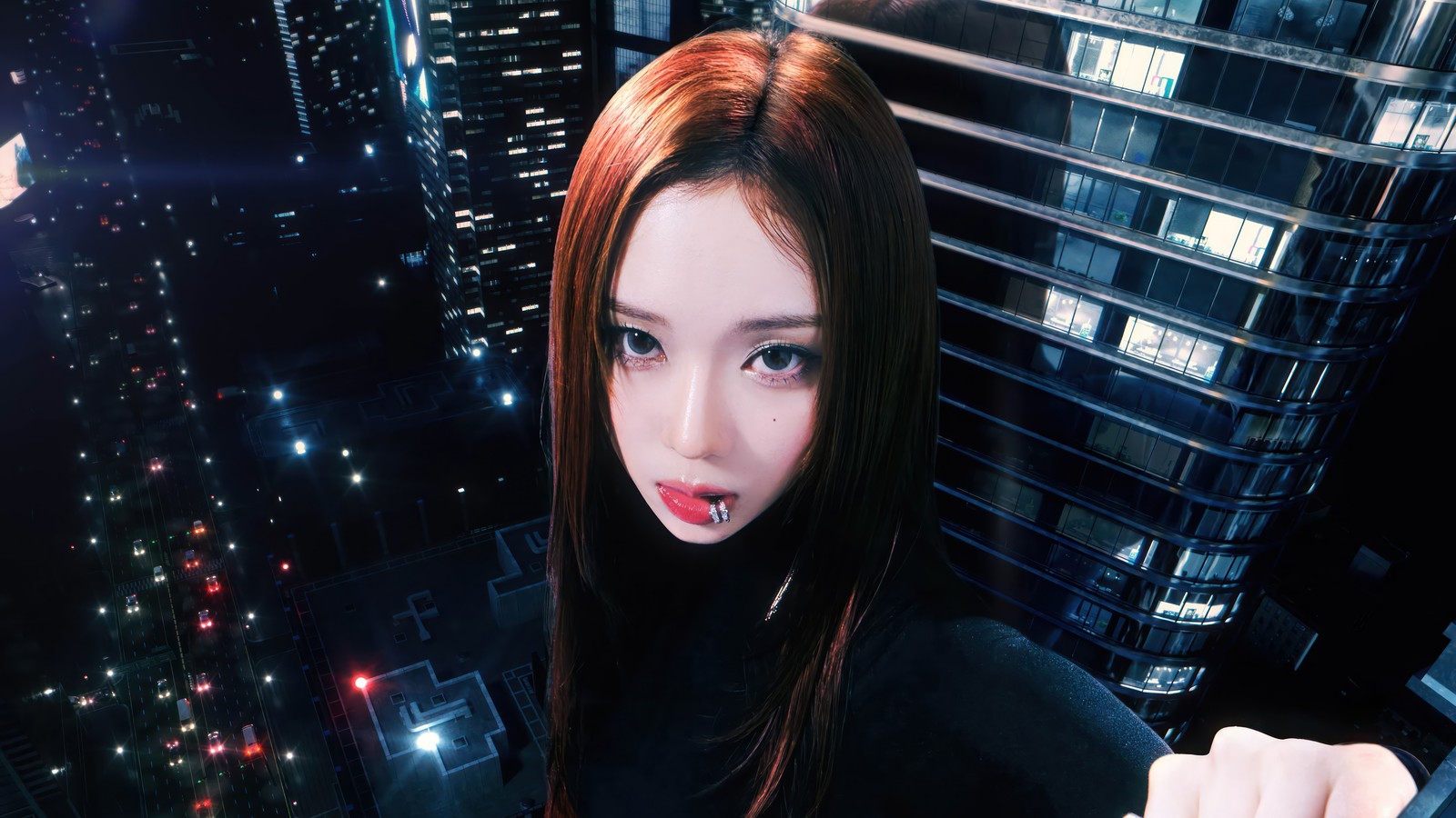 Chica de anime con cabello rojo sosteniendo un cuchillo frente a una ciudad (invierno, aespa, kpop, 에스파, k pop)