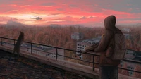 Stalker at Dusk: A Solitary Figure Observes the Sunset Over a Forsaken City