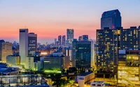 Tokio Skyline bei Dämmerung: Eine lebendige städtische Landschaft aus Wolkenkratzern und Wohnblocks