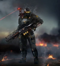 Soldado futurista em armadura de alta tecnologia com arma a laser em um fundo flamejante