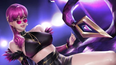 Evelynn do K/DA em uma pose vibrante e estilosa com um design elegante e cores marcantes.