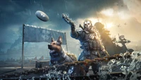 Fantôme Vengeance : Personnage de Call of Duty Mobile avec un chien au milieu d'un champ de bataille orageux