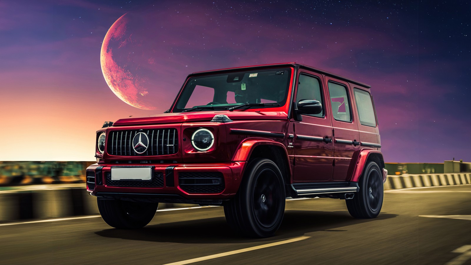 Um mercedes g-class vermelho dirigindo por uma estrada à noite (mercedes amg g 63, g wagon, 5k, mercedes amg g class suv, carros)