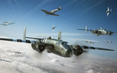 Historic World War II Aircraft in Formation: B-25 Mitchell, P-51 Mustang, and B-29 Superfortress