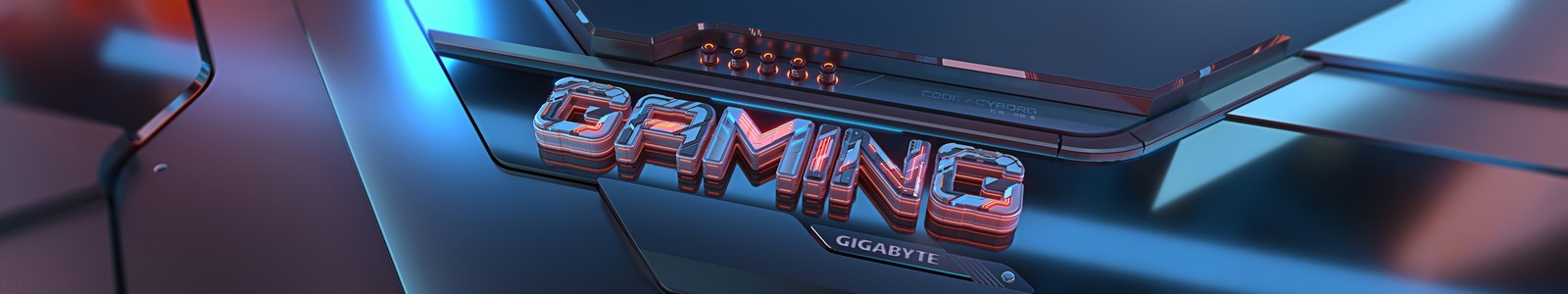 Gros plan d'un ordinateur portable sur un bureau avec un logo de jeu (gigabyte aorus gaming, typographie, cyberpunk, cyborg, ultralarge)