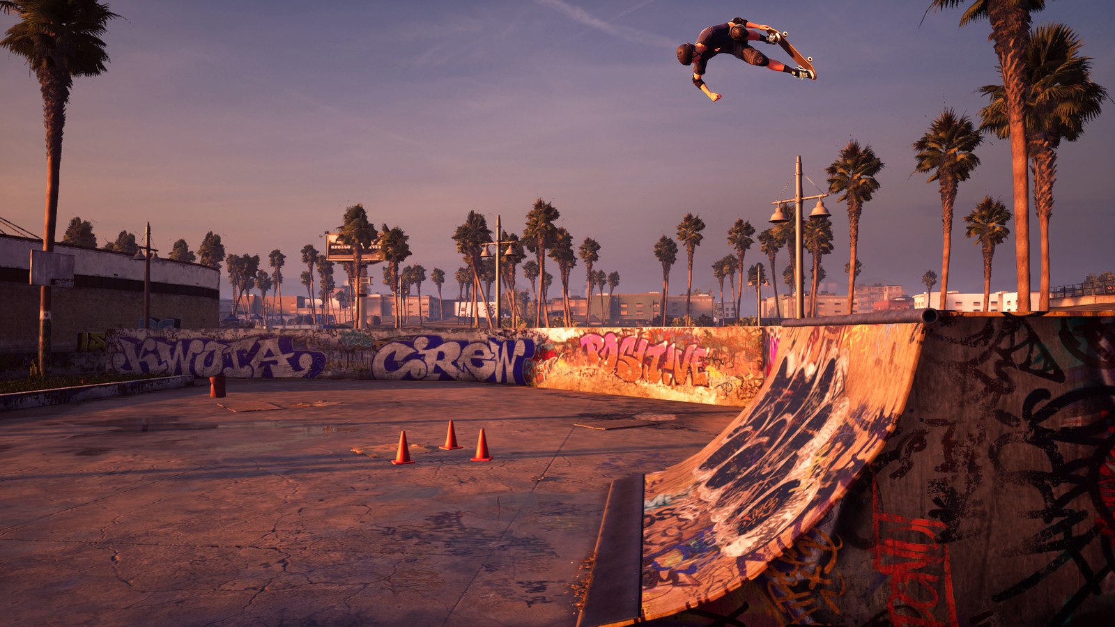 Arafed skateboarder in mid air over a skate park with palm trees (tony hawks pro skater 1 2, video game, skateboard, skateboarding)