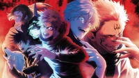 Enfrentamiento épico de personajes de Jujutsu Kaisen en una dramática batalla de hechicería, con Yuji Itadori, Satoru Gojo, Sukuna, Megumi Fushiguro y Nobara Kugisaki.