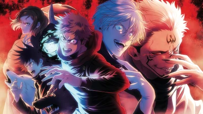 Epic showdown of Jujutsu Kaisen characters in a dramatic sorcery battle, featuring Yuji Itadori, Satoru Gojo, Sukuna, Megumi Fushiguro, and Nobara Kugisaki.