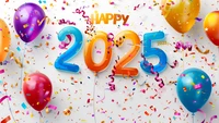 happy 2025, festive season, 5k, balloons, confetti wallpaper