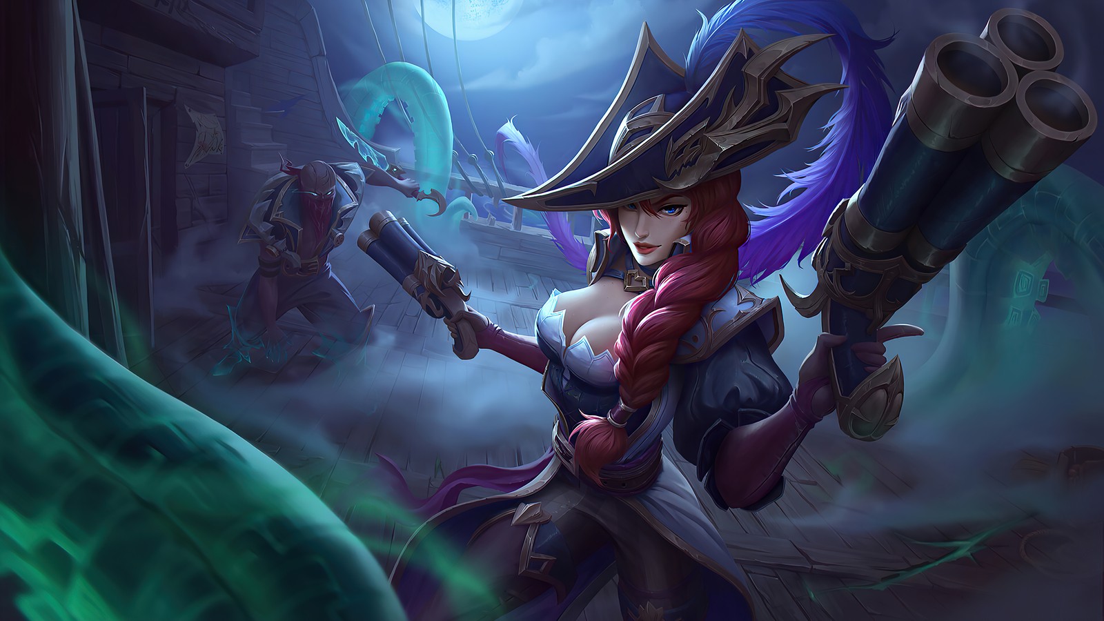 Una mujer con una espada y un sombrero sosteniendo una pistola (lol, league of legends, videojuego, miss fortune)