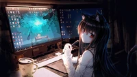 Garota de anime na mesa do computador com dois monitores