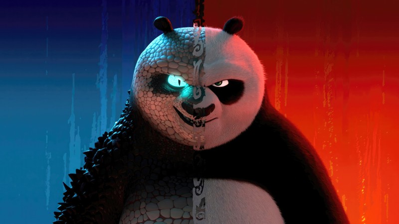 Близкий план панды на красном фоне (the chameleon, по кунг фу панда, po kung fu panda, кунг фу панда 4, kung fu panda 4)