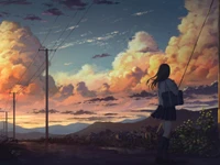 Paisagem inspirada em anime ao amanhecer com céus dramáticos e figura silhuetada