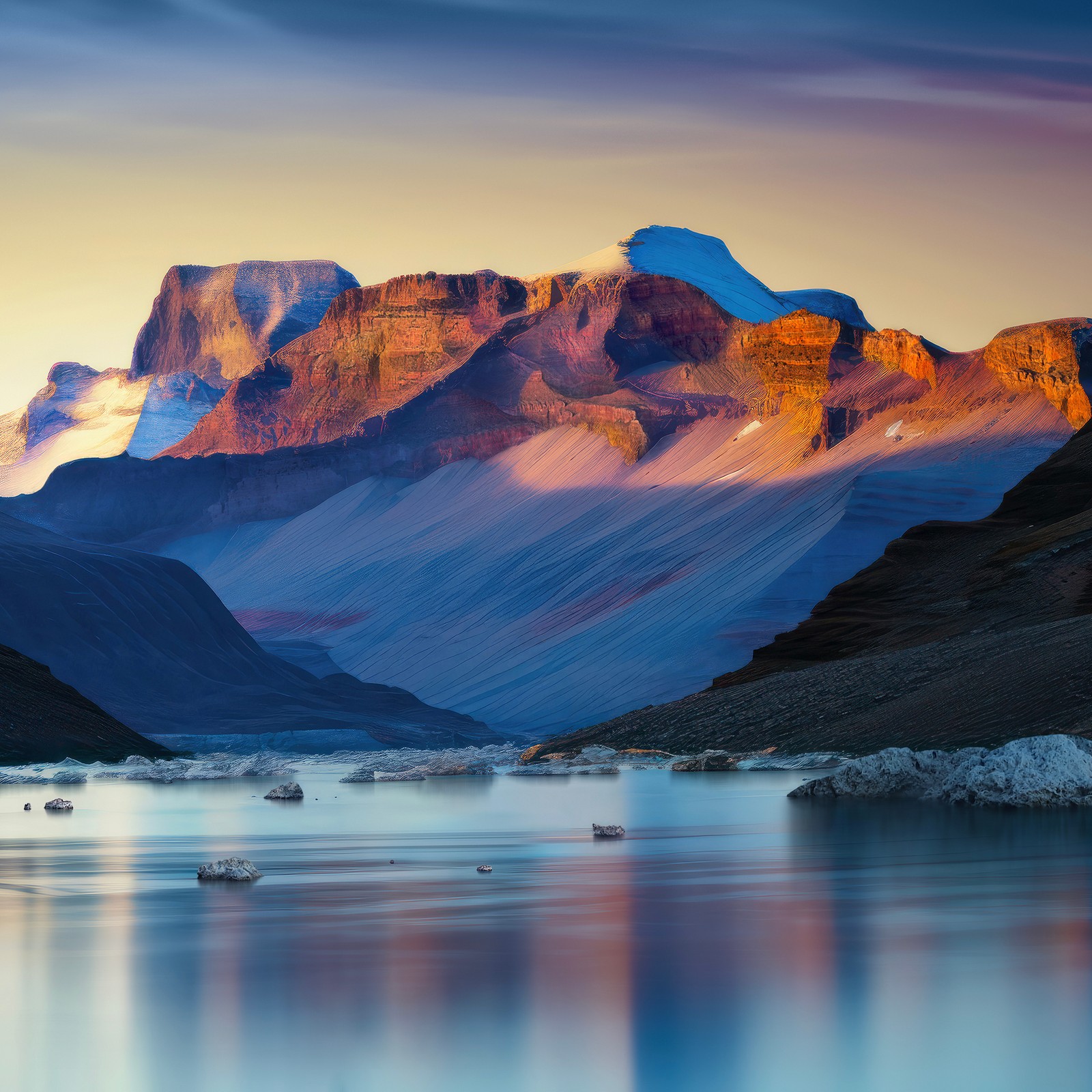 Mountains are reflected in the water of a lake at sunset (huawei, water, mountain, natural landscape, cloud)