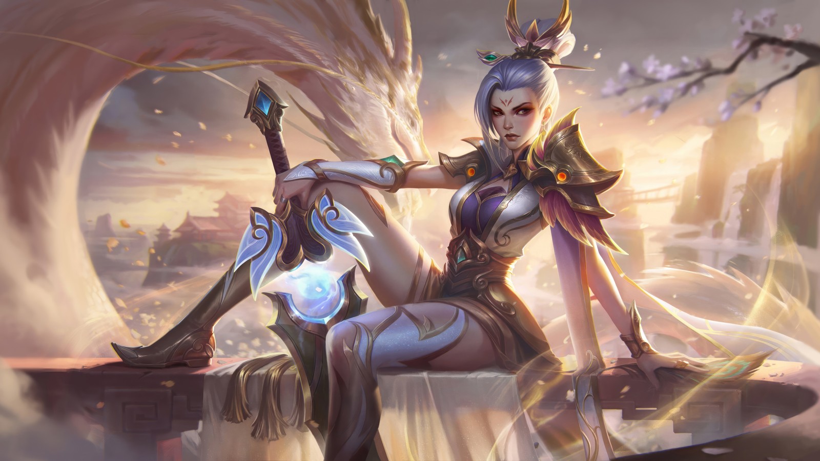 Eine frau in einem weißen kleid sitzt auf einem vorsprung mit einem schwert (riven, tapferes schwert, prestige edition, haut, lol wild rift)