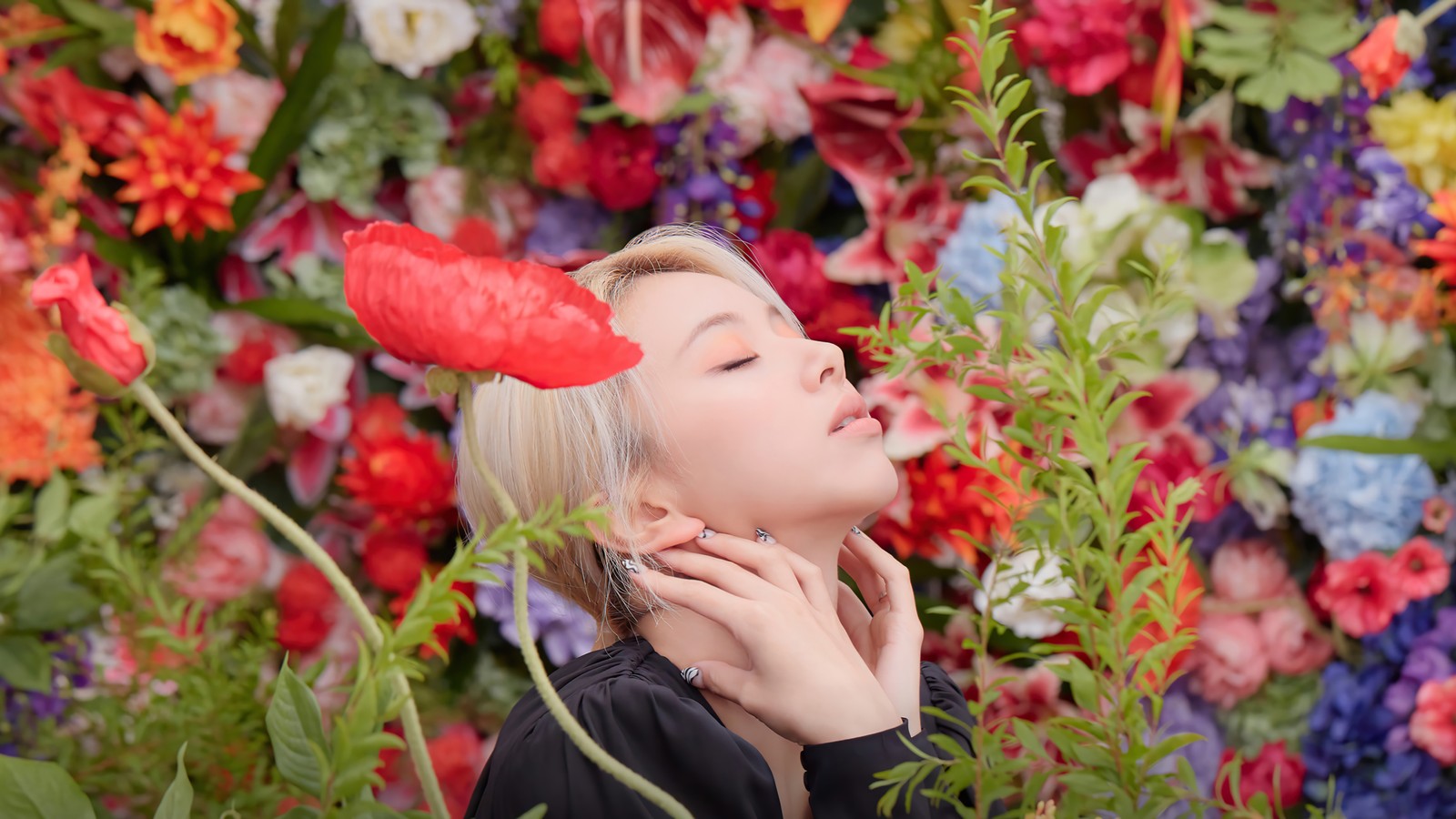 Femme arabe en chemise noire et bandeau de fleurs rouges (twice kpop, 트와이스, kpop, k pop, filles)