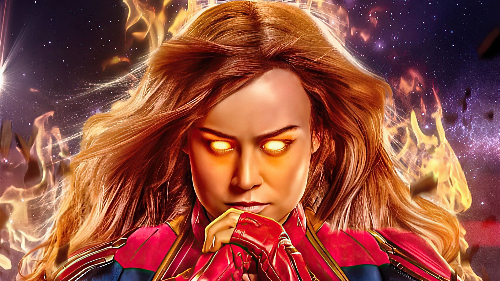 Capitana marvel está en medio de una pelea con fuego (capitana marvel, captain marvel, marvel comics, chicas, superhéroe)