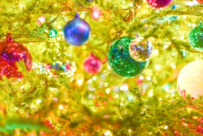 Vibrant Christmas Ornaments Glimmering on a Festively Decorated Tree