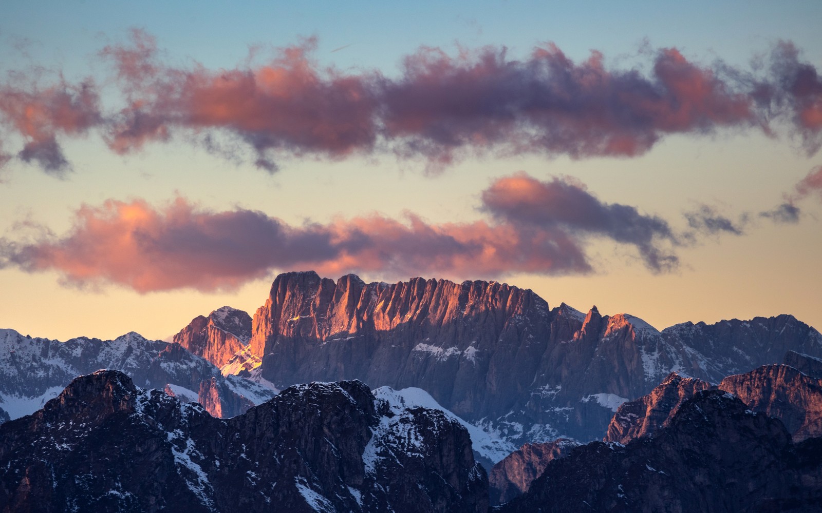 Mountains with snow and clouds in the background at sunset (dolomite mountains, sunset, mountain range, dolomites, 5k)