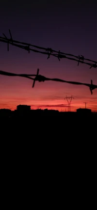 Silhouette de fil barbelé contre un ciel crépusculaire avec des lignes électriques et un après-brillant