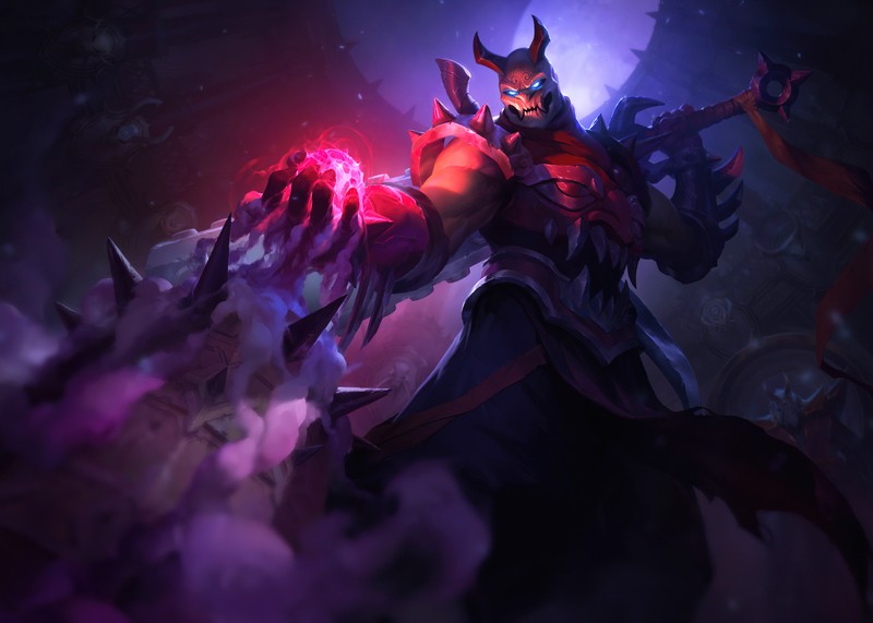 Крупный план демонически выглядящего человека с красным светом (blood moon shen, league of legends, игры, обои 4k)