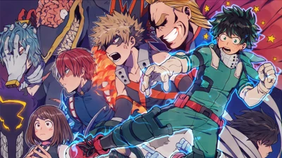 Conjunto dinámico de personajes de "My Hero Academia", que incluye a Izuku Midoriya, All Might, Katsuki Bakugo, Shoto Todoroki y otros en una escena llena de acción.