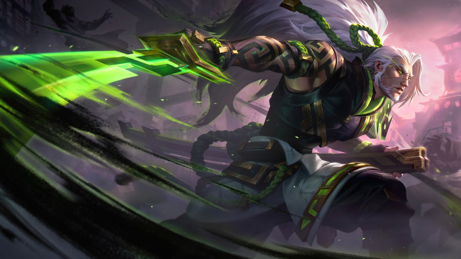 Une femme avec une épée à la main et une lumière verte (ombre dencre, yasuo, peau, lol, league of legends)