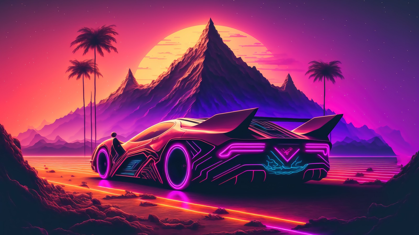 sports car, futuristic, mountain, sunset, scenery wallpaper