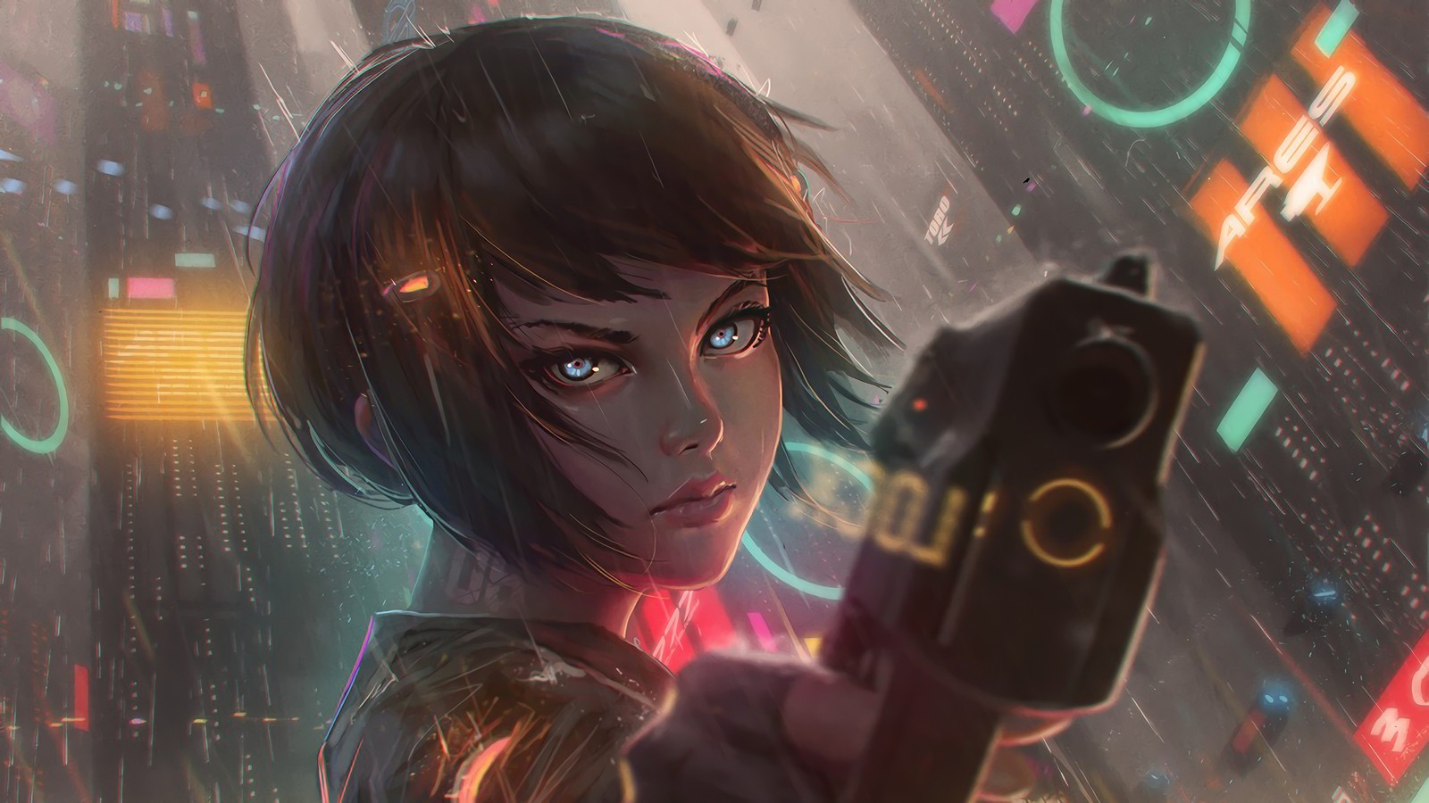 Lade cyberpunk, anime, mädchen, pistole, waffe Hintergrund herunter