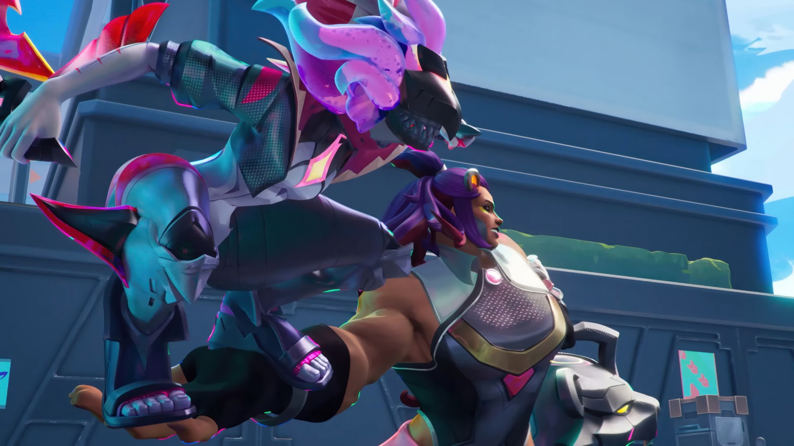 A close up of a person in a costume on a skateboard (briar, illaoi, anima squad, league of legends, video game)