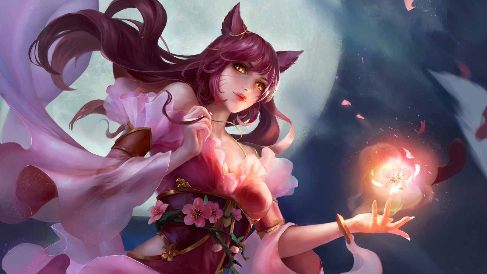 Eine frau in einem rosa kleid hält eine leuchtende kugel (ashe, lol, league of legends, videospiel, kunst)