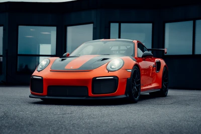 Porsche 911 GT2 RS в ярком оранжевом и черном цвете, демонстрирующий свой элегантный дизайн и мощную стойку.