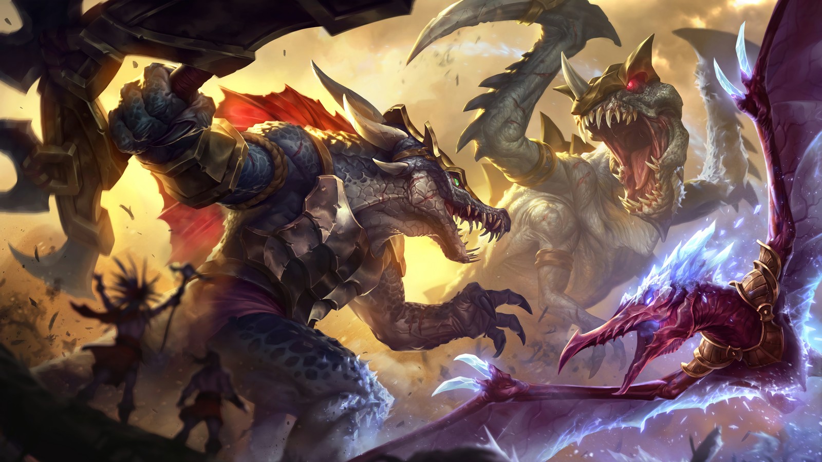 A group of monsters attacking each other in a battle (prehistoric, renekton, chogath, anivia, splash art)