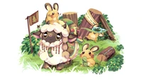 Wooloo et Dedenne dans une prairie Pokémon fantaisiste