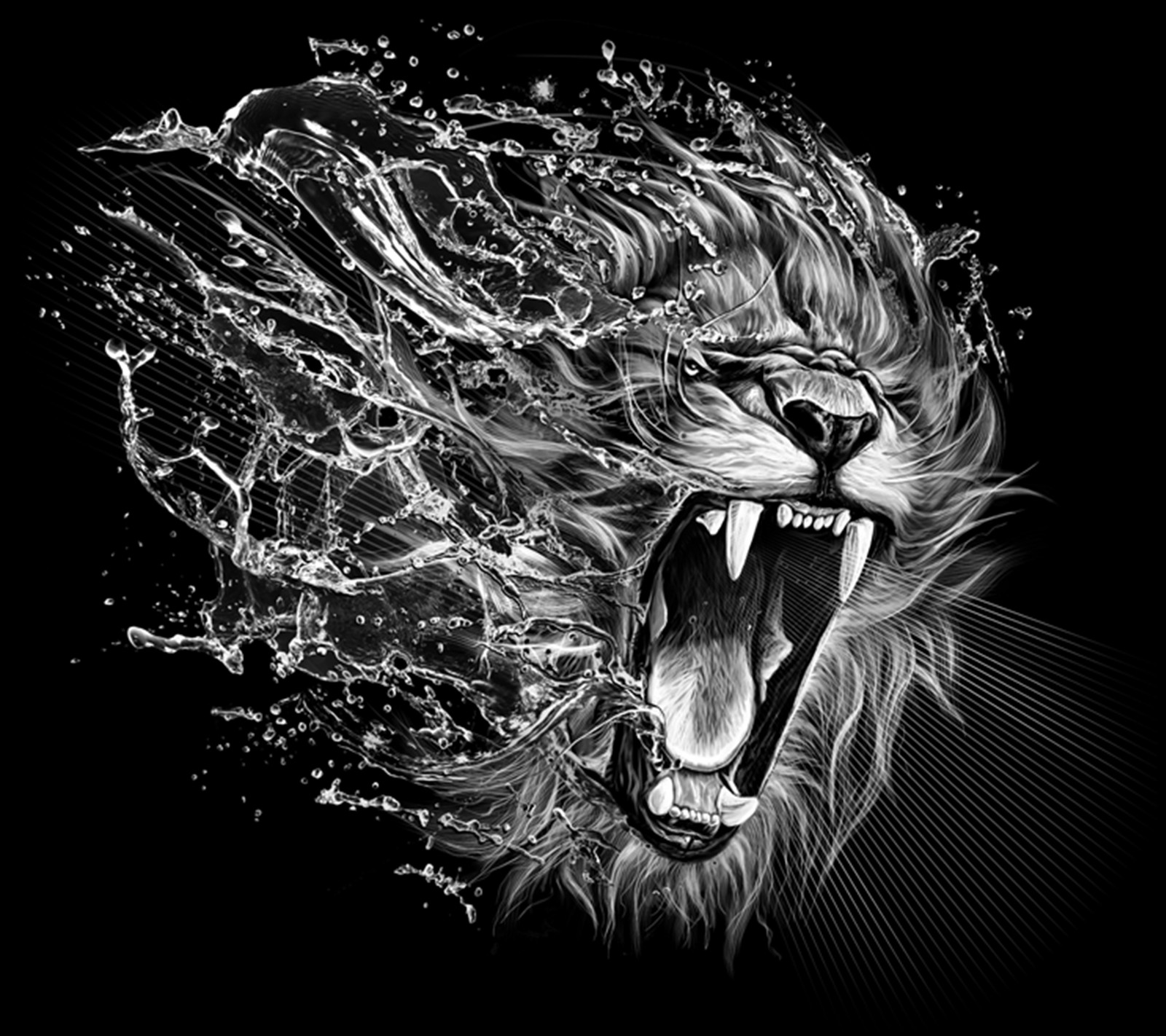 A close up of a lion's head with water splashing on it (cool, furioso, leon, lion)