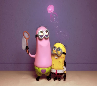 Minions colorés attrapant des méduses dans une scène fantaisiste