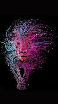 A vibrant, abstract depiction of a lion with flowing, colorful strands representing its mane against a black background.