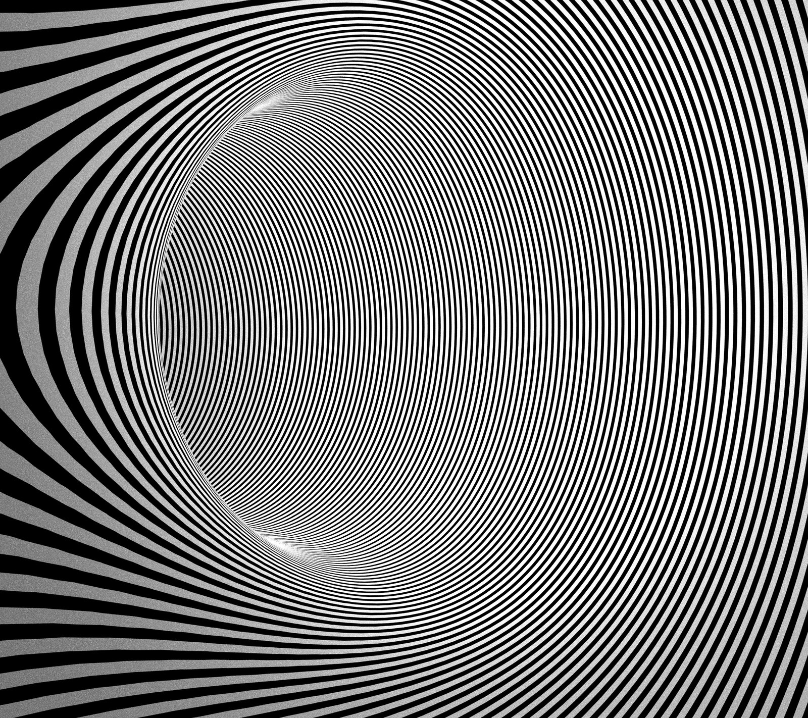 A black and white image of a circular object with a black background (black, bw, lines, striped, tunnel)