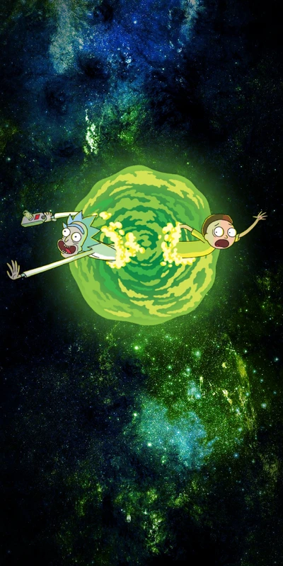 Rick et Morty s'échappent à travers un portail dans une galaxie cosmique