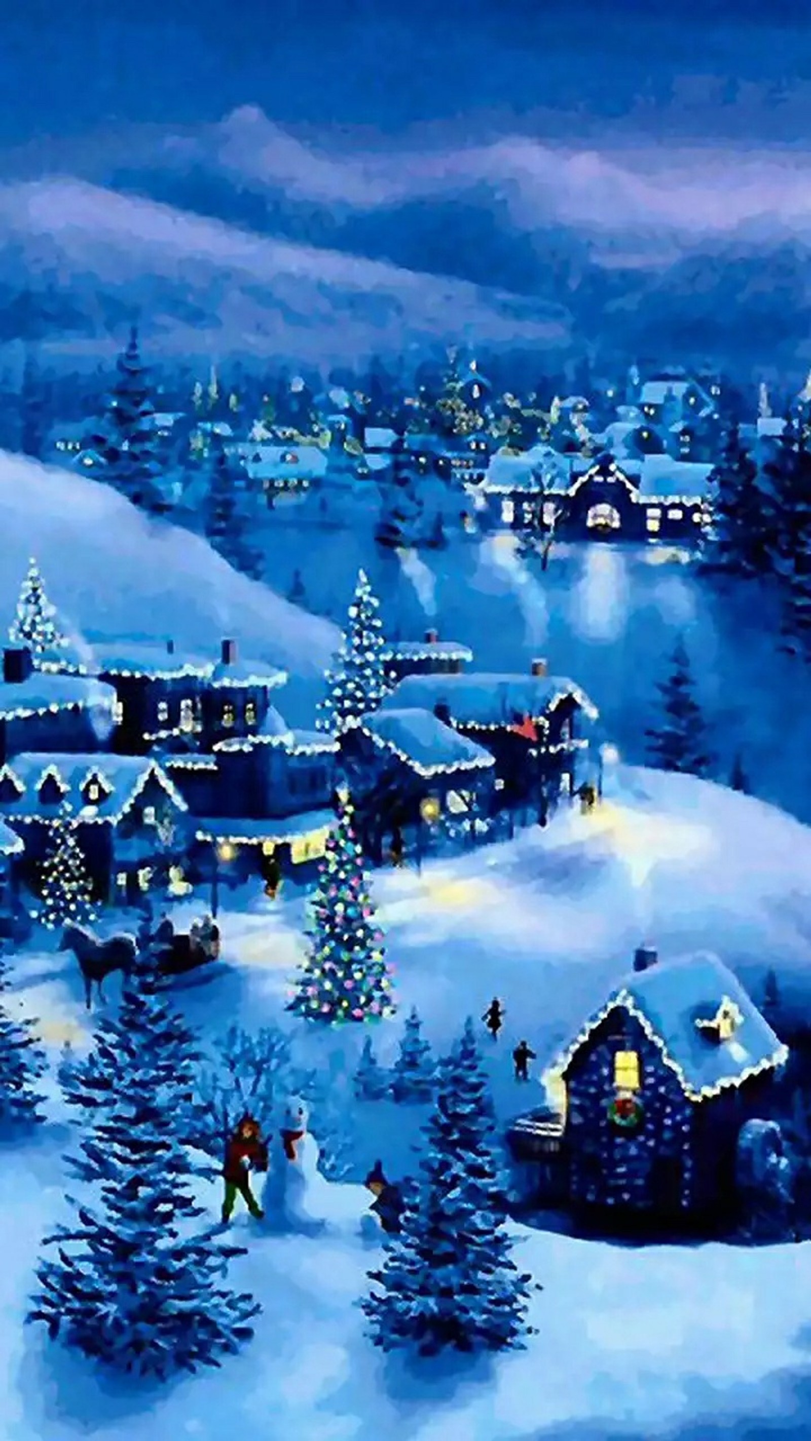 Uma pintura de uma vila nevada com uma árvore de natal e pessoas (azul, natal, noite, boneco de neve)