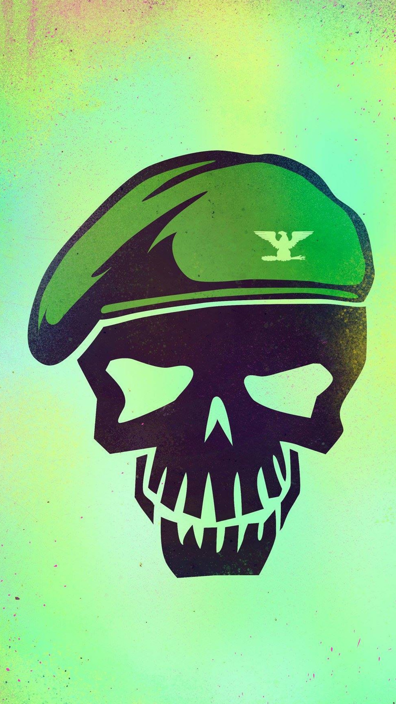 There is a skull wearing a green hat and a green beret (colonel, comics, dc, green, logo)