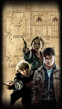 Harry Potter Trio Facing Danger with Wands Drawn