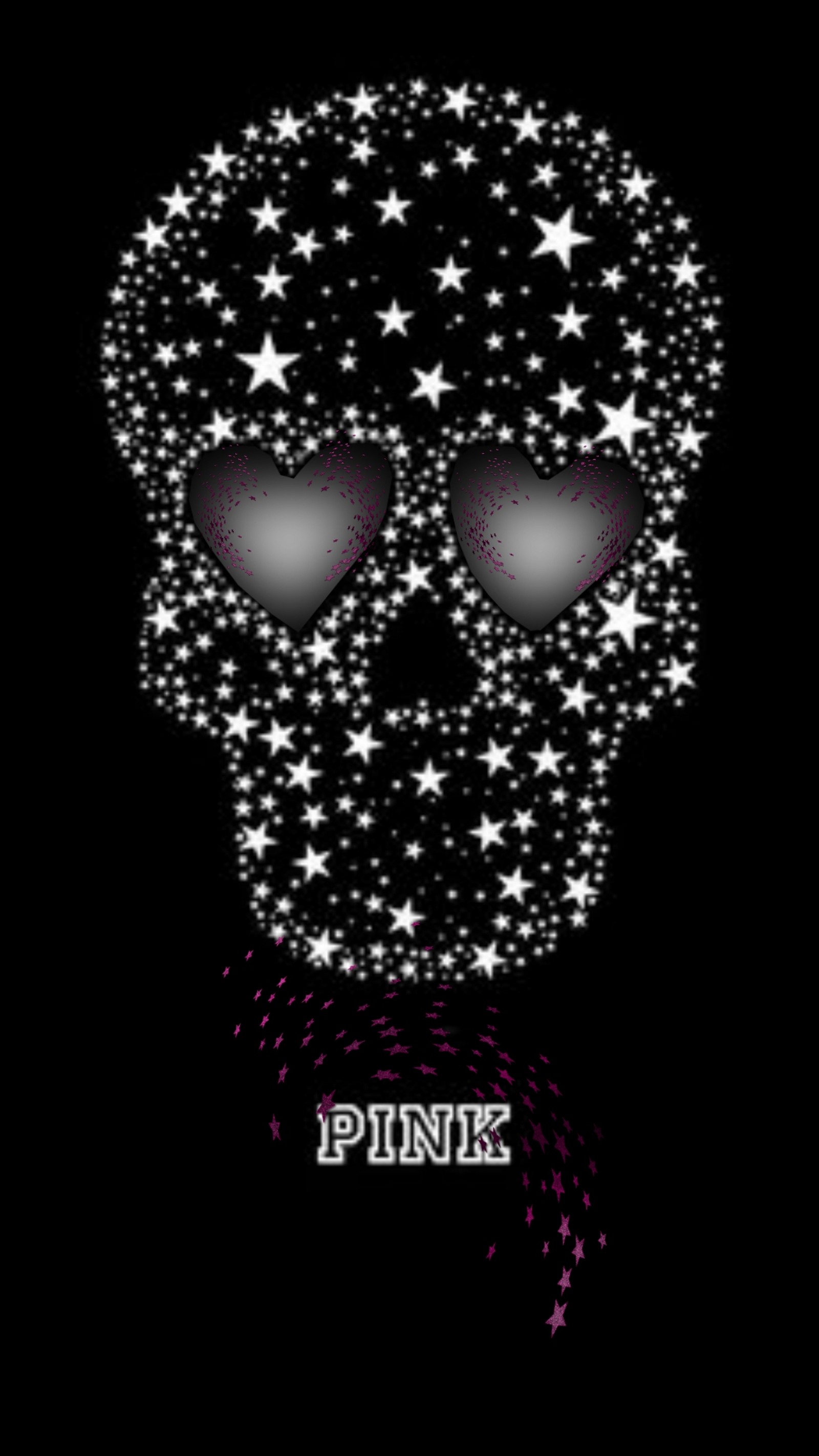 A close up of a skull with stars on it (dark, hearts, logo, pink, skull)