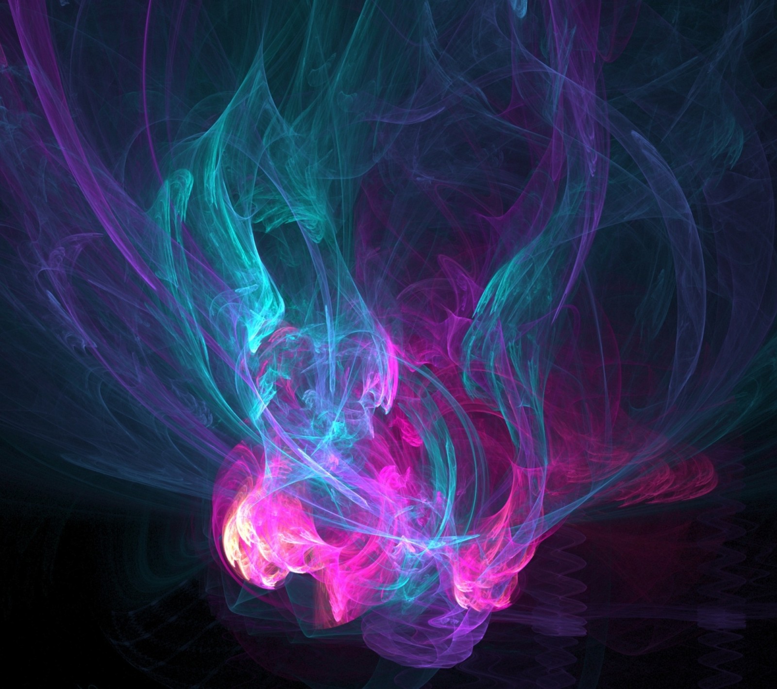 Abstract photograph of a computer keyboard with a colorful smoke swirl (abstract, art, cyan, darkdroid, pink)